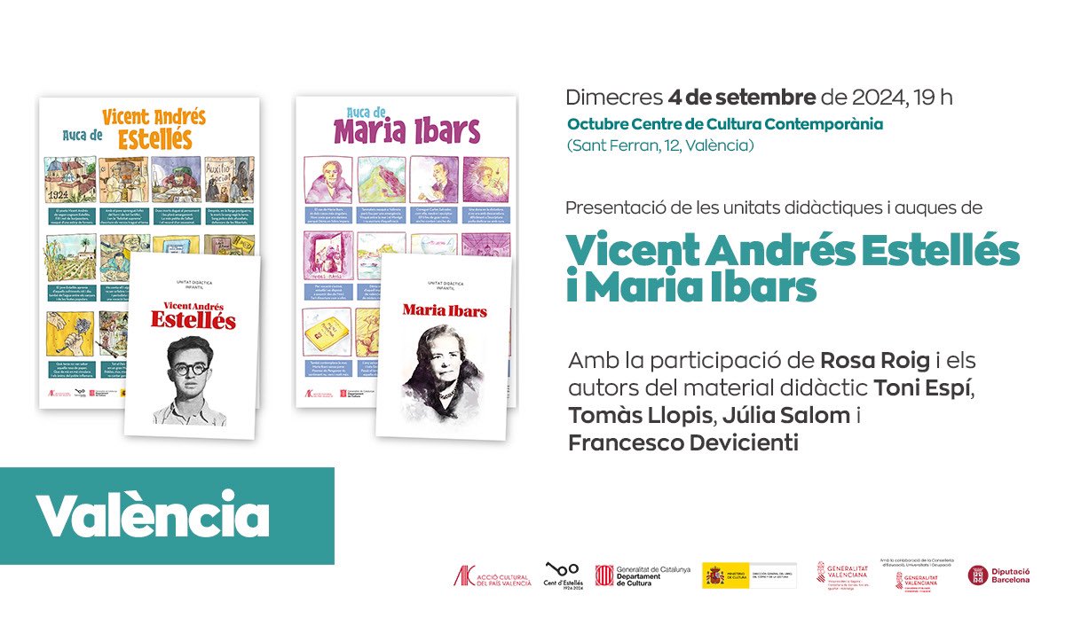 amoraescena's tweet photo. Que sí, que som a setembre i que ja estem en marxa i que el curs ha començat i que ja teniu a l’abast el material didàctic i les auques de Maria Ibars i de l’Estellés. I que les presentem a l @OctubreCCC el 4 a les 19 hs. I que us hi esperem. #centdEstellés #anyMariaIbars https://t.co/2eJQY6xP3j