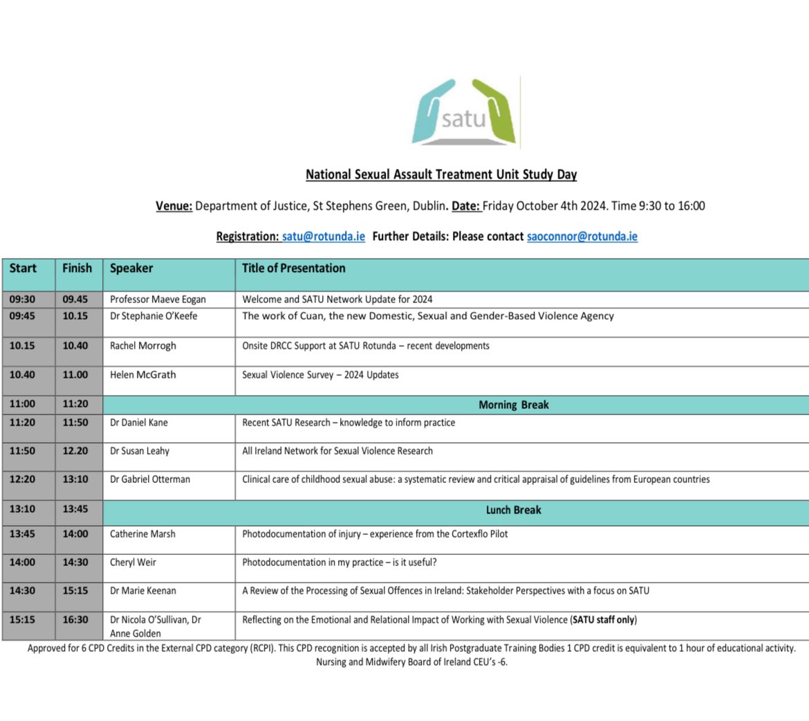Sarah O’Connor (@saroconnor) on Twitter photo Looking forward to the #satuireland Study Day on Oct 4th 2024!!
Being held <a href="/DeptJusticeIRL/">Department of Justice, Home Affairs and Migration</a>. Places limited, please email satu@rotunda.ie for registration. Looking forward to the #satuireland Study Day on Oct 4th 2024!!
Being held <a href="/DeptJusticeIRL/">Department of Justice, Home Affairs and Migration</a>. Places limited, please email satu@rotunda.ie for registration.