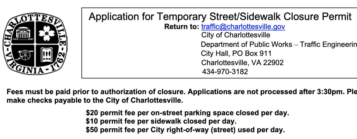 Charlottesville explicitly values car parking 2-5+ times more than walking. Obstruct a block of sidewalk? That's $10/day. Block three parking spots? $60/day. Note, I don't see anything about those parking spots being paid spots. charlottesville.gov/DocumentCenter…