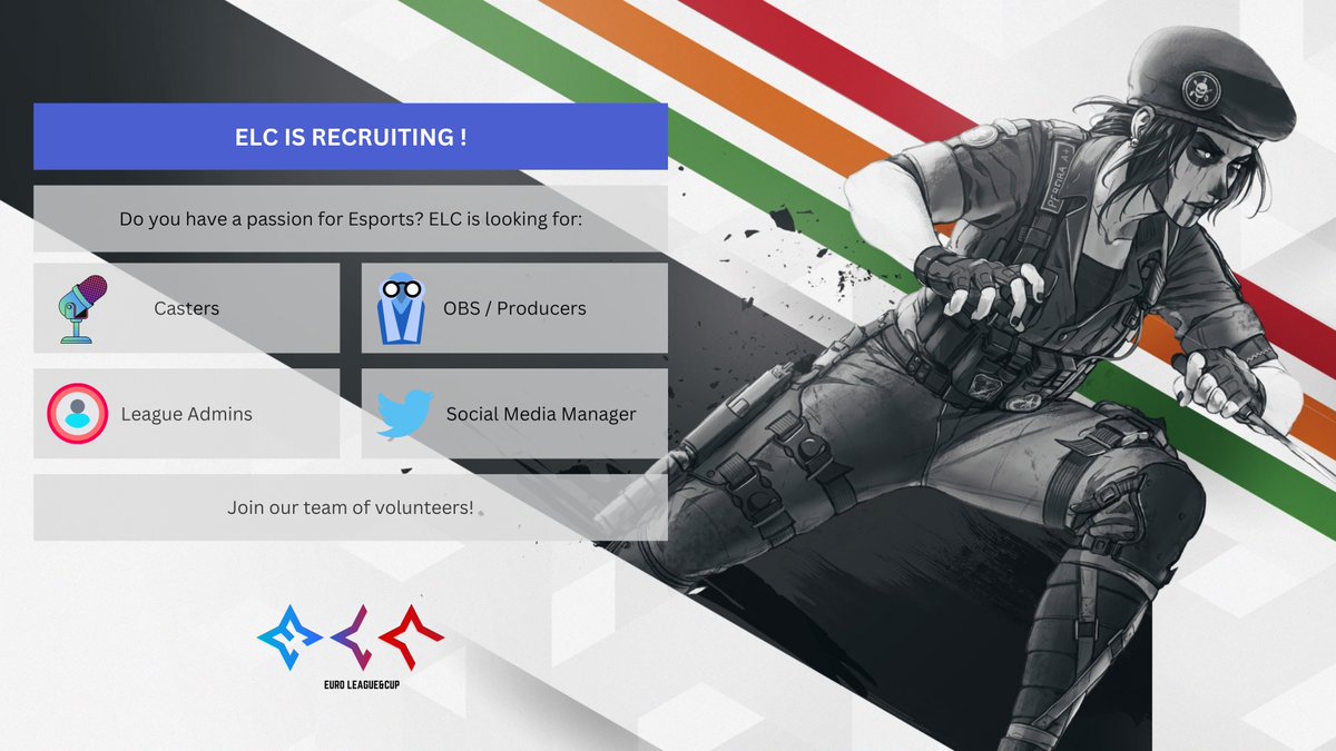 [𝐄𝐋𝐂 𝐅𝐚𝐥𝐥 𝐋𝐞𝐚𝐠𝐮𝐞 #𝟓]

We are looking for:

➡️League Admin
➡️Social Media Manager
➡️OBS/Producers
➡️Casters,Cast on your own channel and grow your community.

Whether you're a pro or a complete beginner, come share your love of siege with us!  

DM's open🙂 #WeAreELC