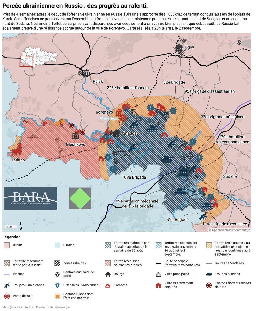 barathinktank's tweet image. [🇺🇦🇷🇺] Offensive ukrainienne à Koursk
❗️Nouvelles cartes❗️#mondaymap
L'analyse de la situation (réalisée avec l'excellent @Cest__Carre ) révèle une situation hétérogène avec des progrès éparpillés et une stabilisation progressive, notamment autour de Korenevo. 
Qu'en pensez-vous?