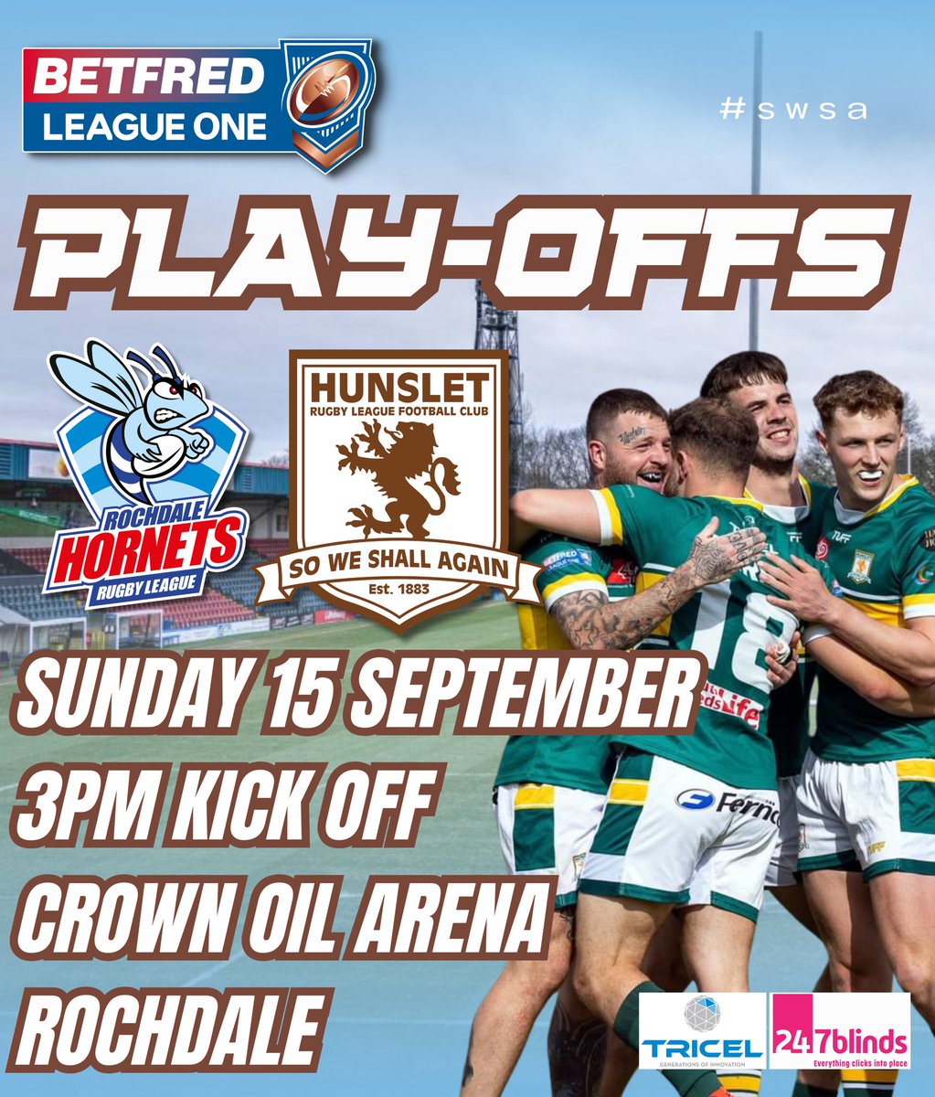 🏆 𝙋𝙡𝙖𝙮-𝙤𝙛𝙛𝙨 

We can confirm details of our qualifying play-off tie against Rochdale Hornets.

📅 Sunday 15 September
🏟️ Crown Oil Arena
⏰ 3:00pm kick-off

#swsa
