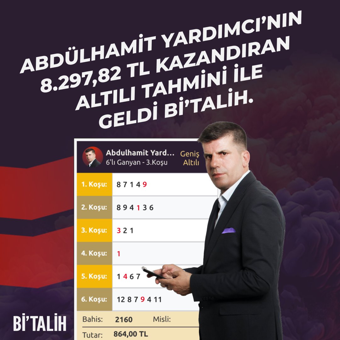 bitalih_tr's tweet photo. Abdulhamit Yardımcı 9 katı kazandırdı!🎊

💰@a_yardmc'nın 864 ₺'ye oynadığı hazır kuponu 8.297,82₺ kazandırdı!

🏇Elazığ Hipodromu'nda Abdulhamit Yardımcı'nın tutturduğu ALTILI ile #GeldiBiTalih

📲https://t.co/pQikQYxZSZ https://t.co/MZzif7JlhS