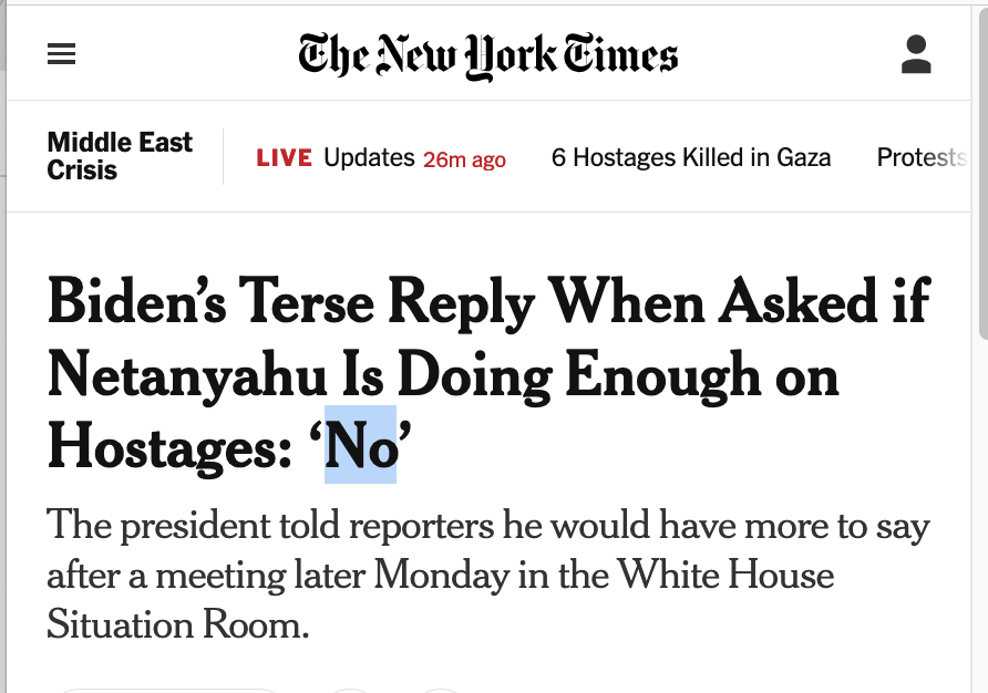 KaminskiMed's tweet photo. This short answer says it all.
Reporter: Is Netanyahu doing enough on the hostages?
Biden: No
What Biden wanted to say: Natanyahu is doing more than enough to prevent a hostage deal.
What we all see: A prime minister who became an enemy of his own people.
#Ashem https://t.co/UFGwnVmNWU