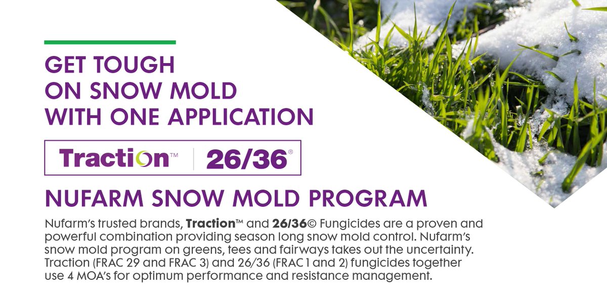 .<a href="/NufarmUSTurf/">Nufarm US Turf</a>’s snow mold program eliminates uncertainty. Receive Nufarm’s Snow Mold Solution distributor credit rebate by purchasing Traction and 26/36 at the minimum required quantities on a single invoice from Aug 1 - Dec 6, 2024. Details: i.mtr.cool/uiodwrlfas