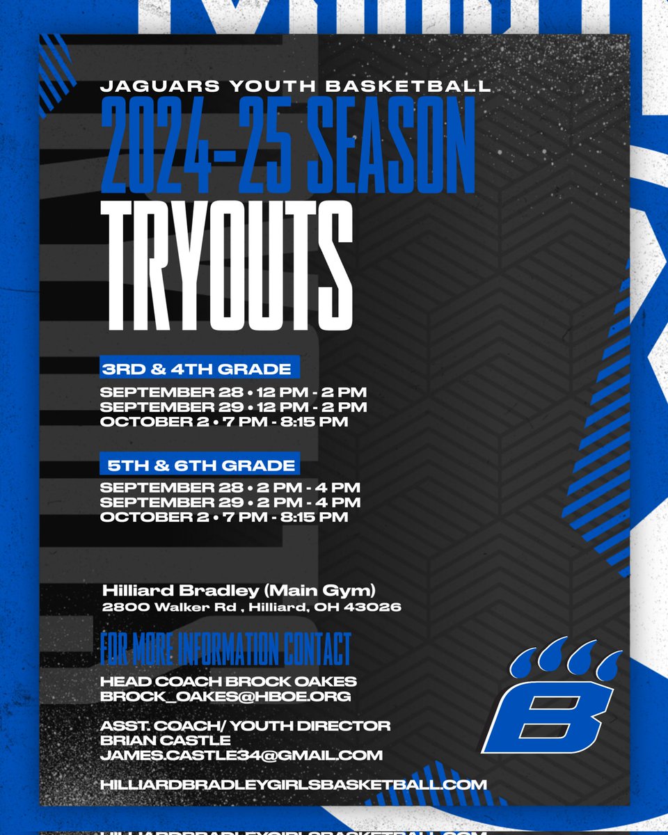 JYB tryouts for 3rd-6th grade girls attending a school that feeds into Memorial &amp; Bradley.

Sept 28th &amp; 29th
3rd &amp; 4th- 12-2pm
5th &amp; 6th- 2-4pm

Oct 2nd
3rd-6th  7-8:15pm

***Also, join us at our FREE skills  clinics prior to tryouts Sept. 8th, 15th, &amp; 22nd @ MEMORIAL 4-6pm***