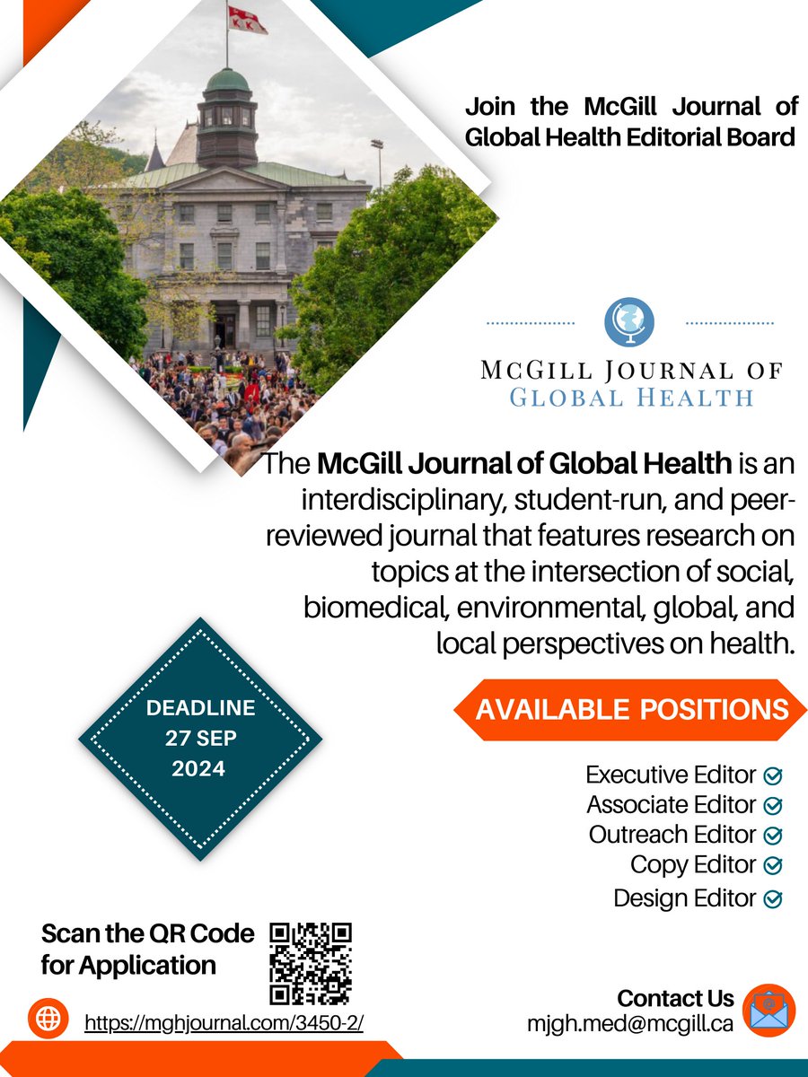 Don’t miss this chance to make a difference in the field of global health!
📅 Deadline: Friday, September 27, 2024 @ 11:59 PM
📧 Questions? Email: mjgh.med@mcgill.ca
🔗 Apply Here: lnkd.in/emZz63v5
mghjournal.com/3450-2/  <a href="/McGillGHP/">McGill Global Health Programs</a>