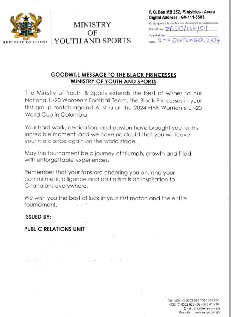 As the Black Princesses (<a href="/GhanaWNT/">Ghana Women National Teams 🇬🇭</a>) begin their 2024 U20 Women’s World Cup journey with a crucial match against Austria tonight, I wish them the very best. Give it your all, demonstrate resilience and determination, and let’s secure a victory for Ghana.
#GoPrincesses 
#GoGhana