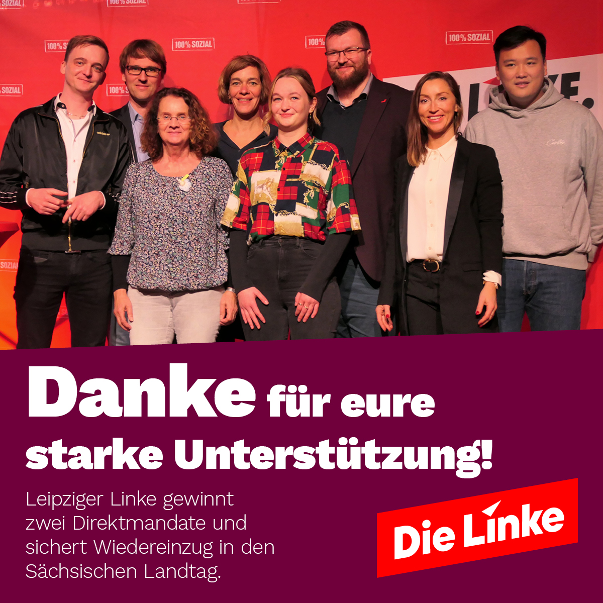 #Danke: Wir danken den 44.525 DIE LINKE-WählerInnen aus Leipzig, die unser sächsisches Ergebnis von 104.888 LINKE-Stimmen maßgeblich positiv beeinflusst haben. Wir sagen Dankeschön an alle, die uns im Wahlkampf unterstützt und gestärkt haben. 1/5 #ltwsn24