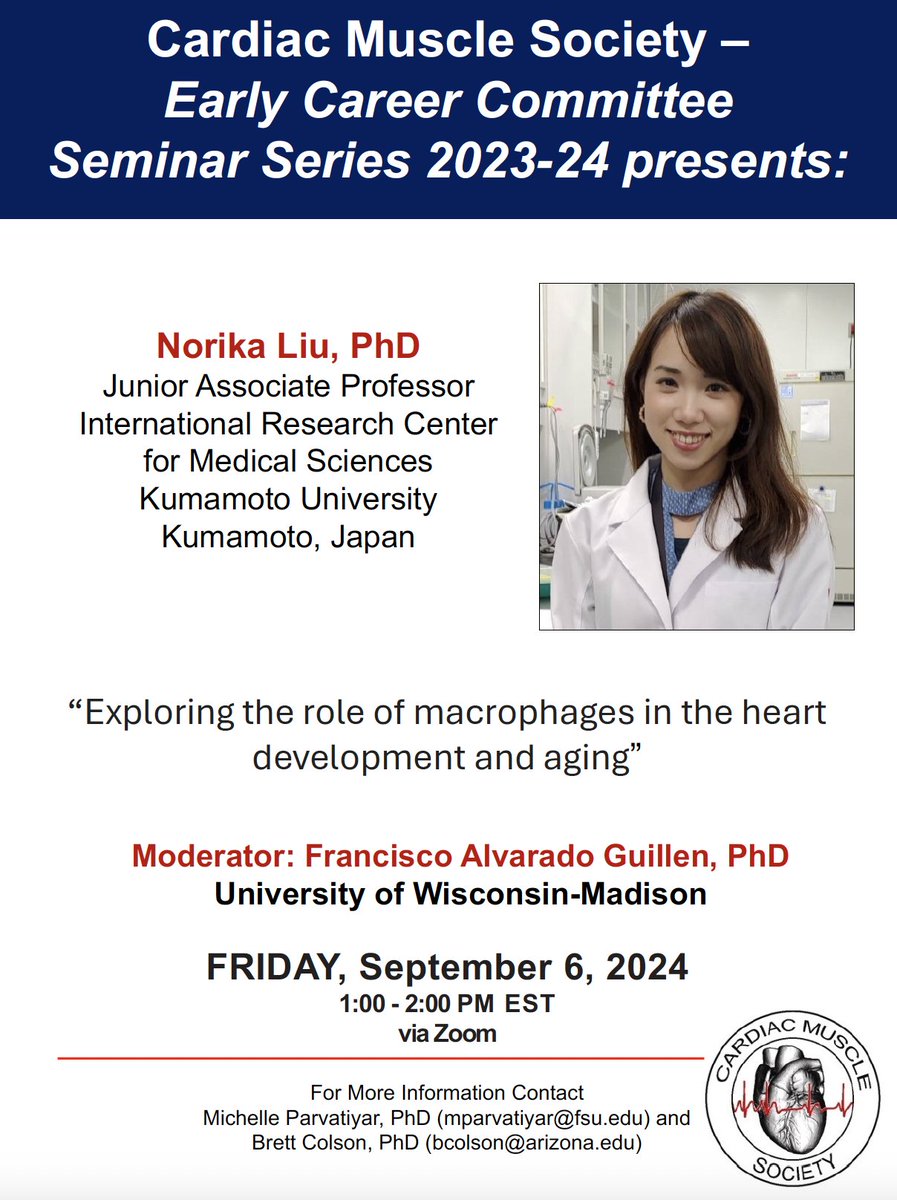 MuscleCardiac's tweet image. Join us for our next CMS Early Career Committee virtual seminar!
Zoom meeting: Sep 6, 2024 01:00 PM Eastern Time (US and Canada)
Register in advance:
fsu.zoom.us/meeting/regist…
After registering, you will receive a confirmation email with information to join the meeting.