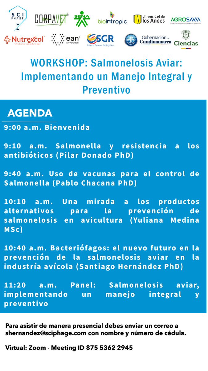 La agenda del workshop que realizaremos en el marco del proyecto BPIN 317
<a href="/CORPAVET/">CORPAVET</a> <a href="/SciPhage/">SciPhage S.A.S.</a> <a href="/MincienciasCo/">MinCiencias Colombia</a>