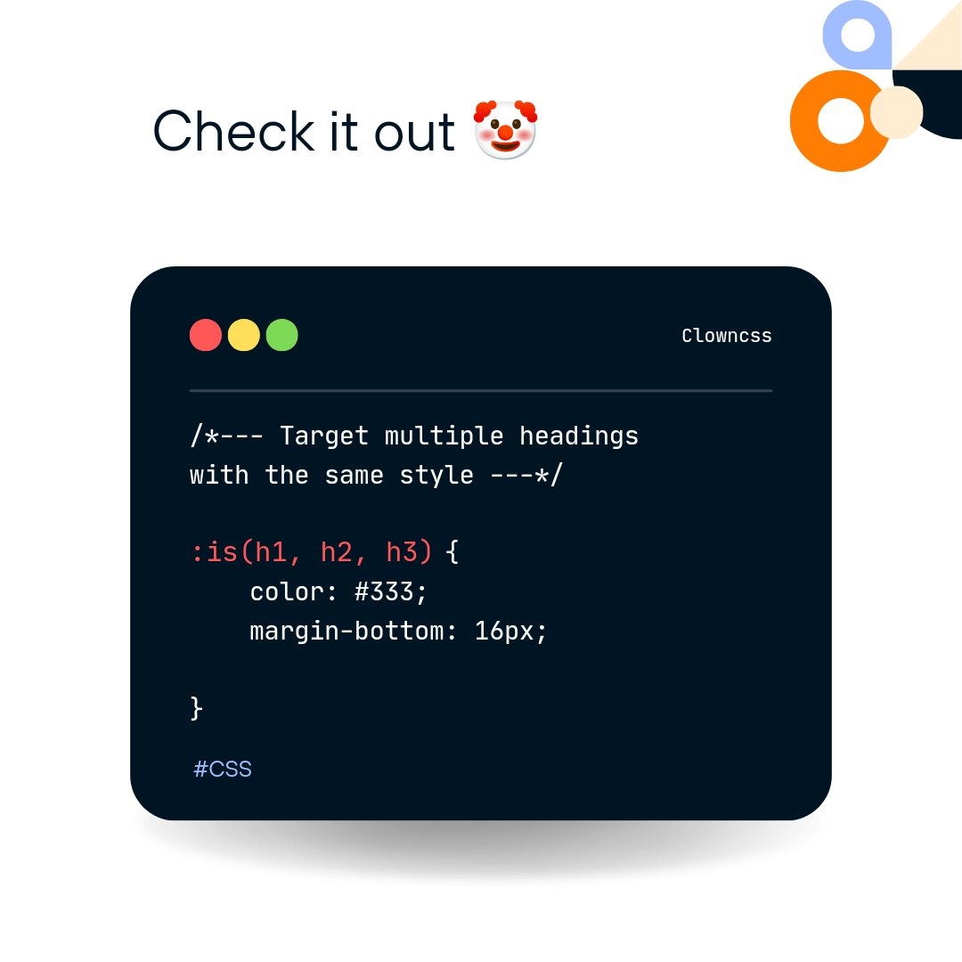 mac_zil1's tweet image. 🎨 The :is() pseudo-class simplifies complex selectors! It reduces repetition when targeting multiple elements. #CSS #CSSSelectors