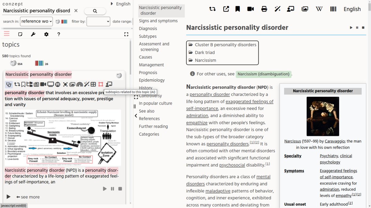 conzept__'s tweet image. More AI search functions (available when you have AI enabled, by setting the OpenAI key):
- Zoom out: Find broader (related) topics for a topic.
- Zoom in: Find elements that make up a topic.
Other suggestions for similar functions are welcome.
Example:
conze.pt/explore/!show%…