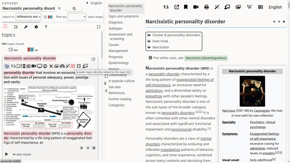 conzept__'s tweet image. More AI search functions (available when you have AI enabled, by setting the OpenAI key):
- Zoom out: Find broader (related) topics for a topic.
- Zoom in: Find elements that make up a topic.
Other suggestions for similar functions are welcome.
Example:
conze.pt/explore/!show%…