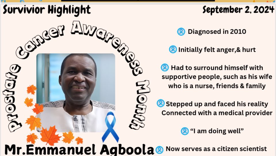 #ProstateCancerAwarenessMonth Join us in celebrating Mr. Agboola, a #survivor &amp; citizen scientist co-leading the <a href="/CDMRP/">CDMRP</a>-funded &amp; <a href="/MayoCancerCare/">Mayo Clinic Comprehensive Cancer Center</a> - supported, @iCCaRE4BlackMen ! We celebrate our Survivor Champions and honor them for fighting to eliminate #prostatecancer globally!