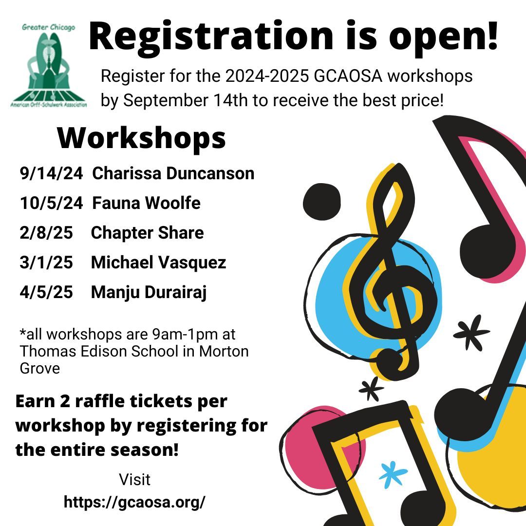 The first GCAOSA workshop is 12 days away! Fabulous prizes are given away in a raffle each workshop. Earn TWO tickets for each workshop by registering for the whole season! gcaosa.org
#musicteacher #AOSA #GCAOSA #Orff