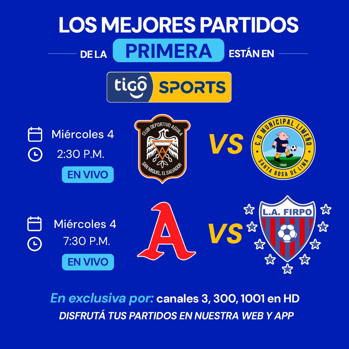 🚨ATENCIÓN🚨

👀 Los partidos pendientes de la J4 y J7 los podrás disfrutar por nuestras pantallas. 😮‍💨🔥

🦅 Águila 🆚 Limeño 🐷
🅰️ Alianza 🆚 Firpo 🐂

📺 3, 300, 1001 HD
📱i.mtr.cool/lriiqiovrl
💻i.mtr.cool/eimcutidrv