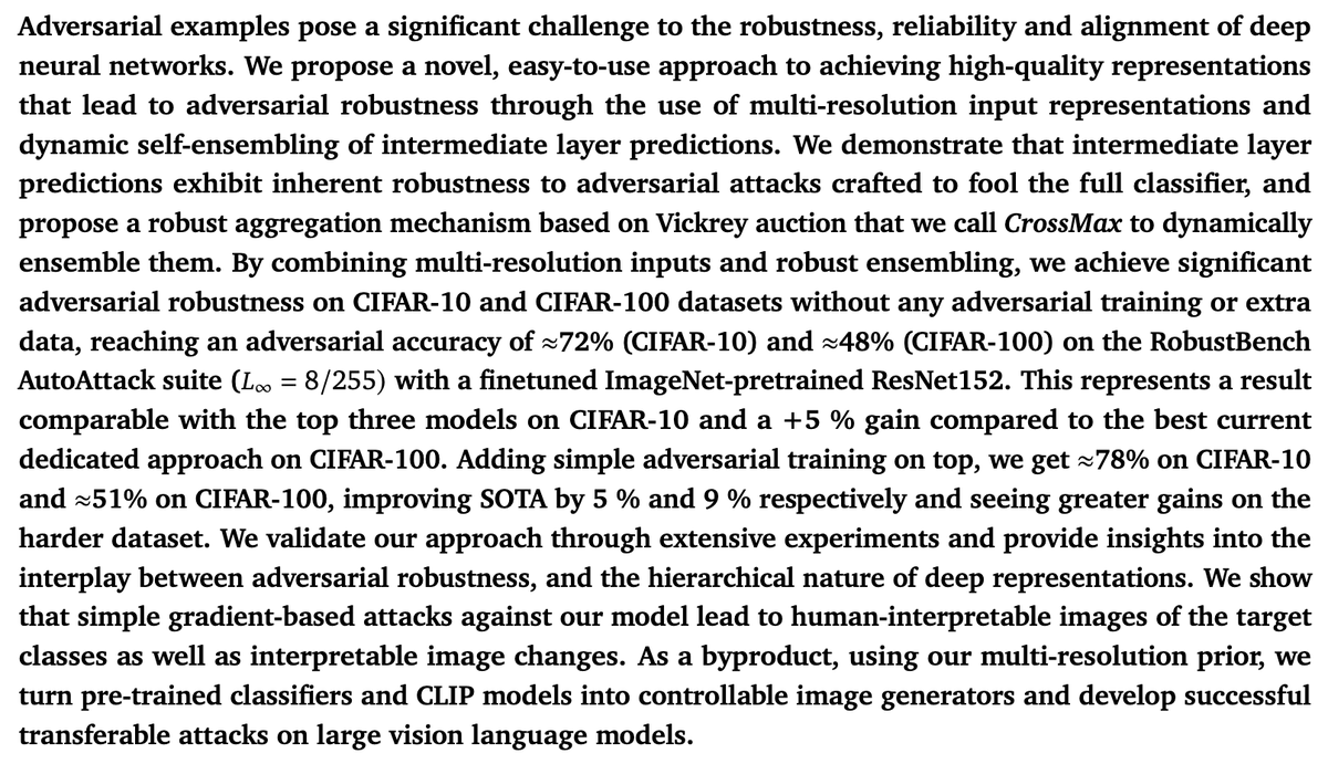topofmlsafety's tweet photo. Ensemble everything everywhere: Multi-scale aggregation for adversarial robustness

Finds that adversarial attacks do not fool intermediate layer activations. Improves robustness by ensembling all layer predictions. Gradient attacks produce human-interpretable image changes. https://t.co/LmkTUJ1lKC