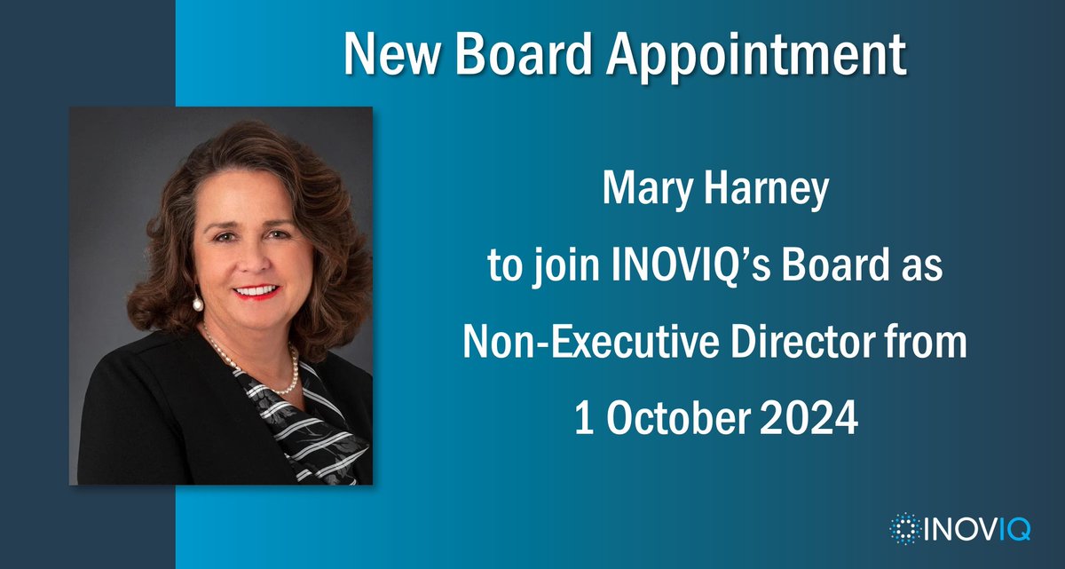 <a href="/INOVIQLtd/">INOVIQ Ltd (ASX:IIQ)</a> is pleased to welcome <a href="/memharney1/">Mary Harney</a> as a Non-Executive Director, effective from 1 October 2024.

Mary is an experienced Non-Executive Director and Chief Executive, bringing a wealth of expertise in applied life science research, biopharmaceutical regulatory affairs, and