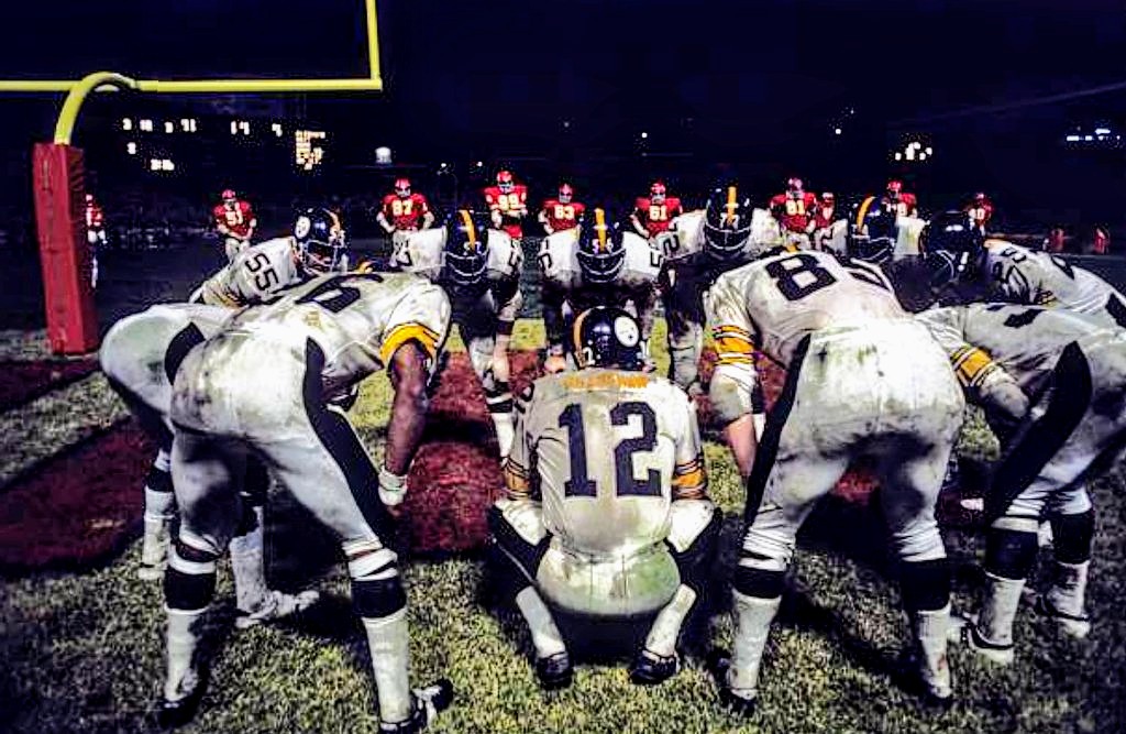 Perhaps my favorite photo of Monday Night Football and Terry Bradshaw

Terry — commanding the huddle with his #Steelers backed up against the #Chiefs' Redwood Forest defense in Kansas City in 1971.