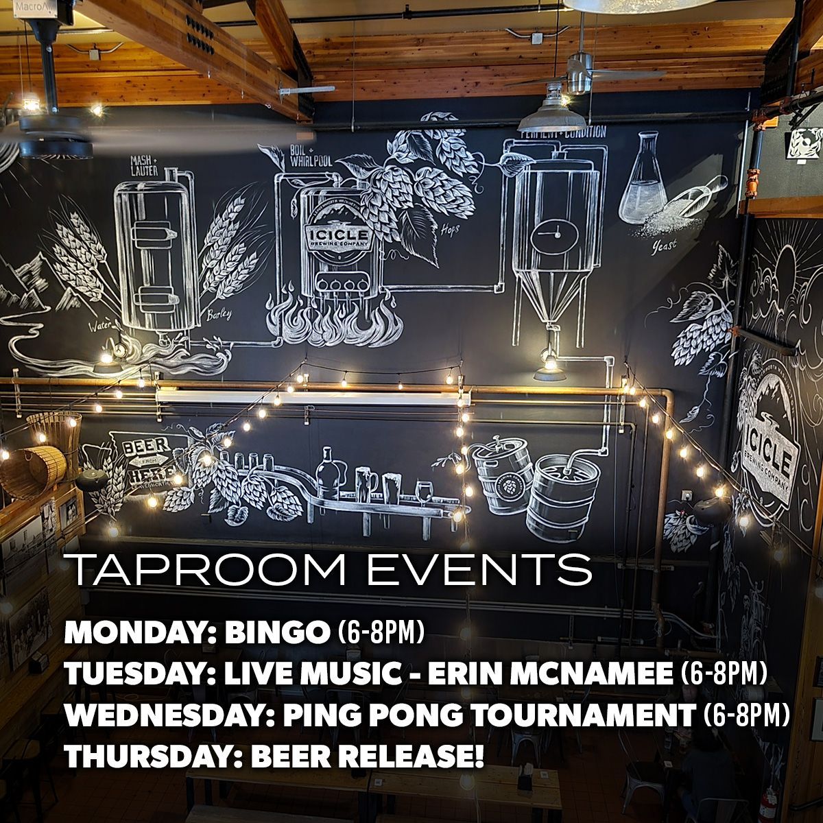 Happy Labor Day! We're kicking off this week with Bingo tonight, live tunes from Erin McNamee on Tuesday, a ping pong tournament Wednesday, and a new beer release on Thursday!