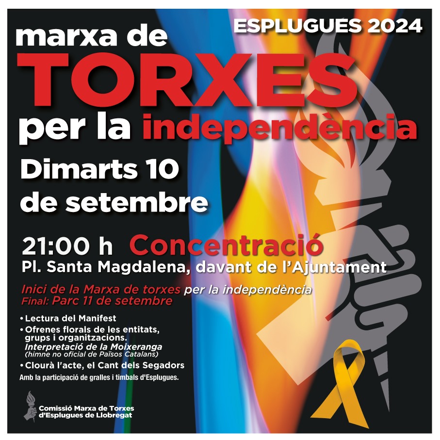 #ancesplugues
#11setembre
#marxatorxesesplugues 
EP!
📅 Dimarts, 10.9
🕤 21h
🔥 Marxa Torxes per la Independència 
📍Sortida Pl. Sta Magdalena (davant Ajuntament).  C) Centre i la Plana, fins📍parc Onze de Setembre.  Ofrenes col·lectius i entitats màrtirs 1714. Manifest. Gralles.