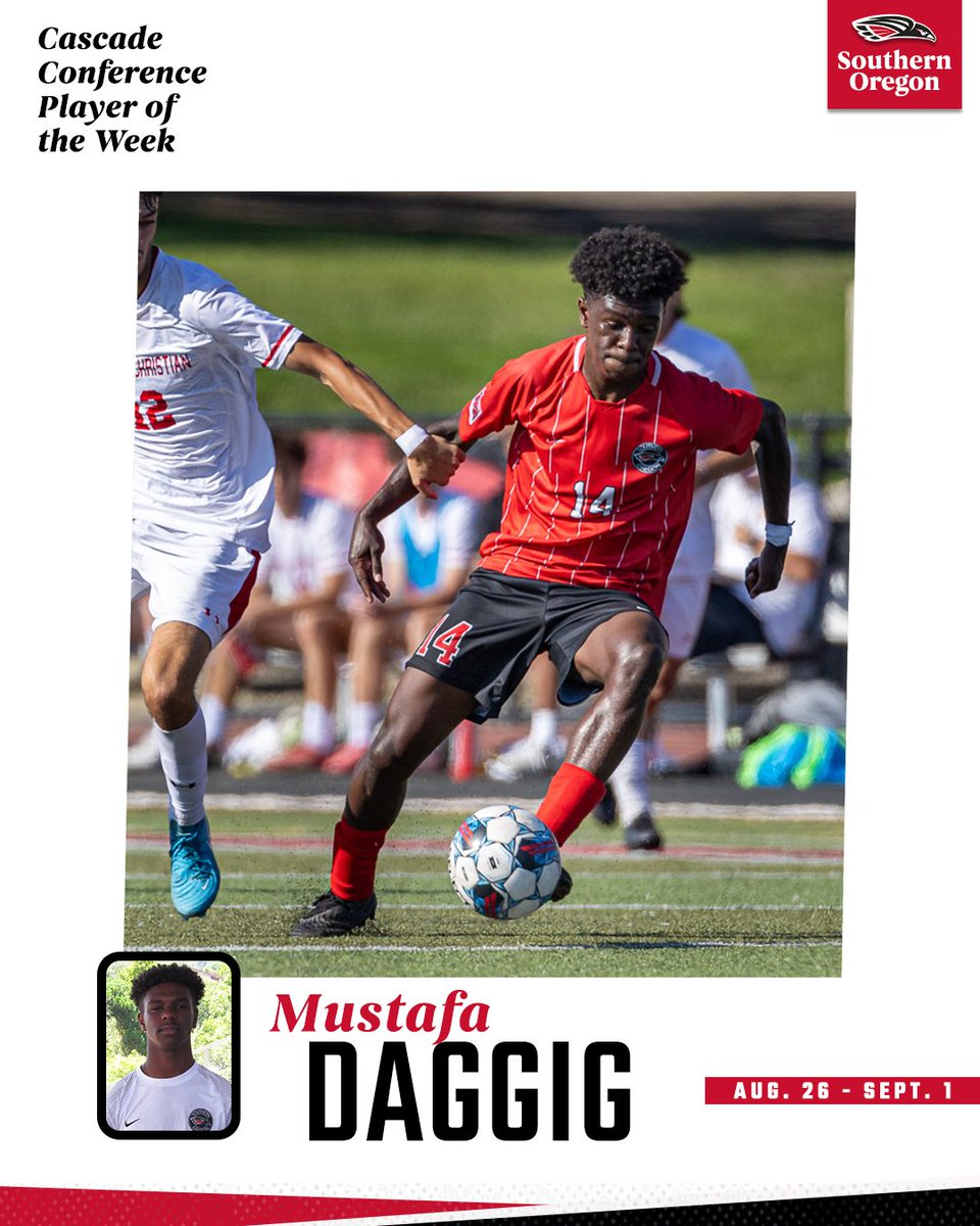 Mustafa Daggig is the Cascade Conference's goals leader and now the CCC Offensive Player of the Week following his third two-goal game of the season on Saturday!

<a href="/SOUMensSoccer/">SOU Raiders Men’s Soccer</a>