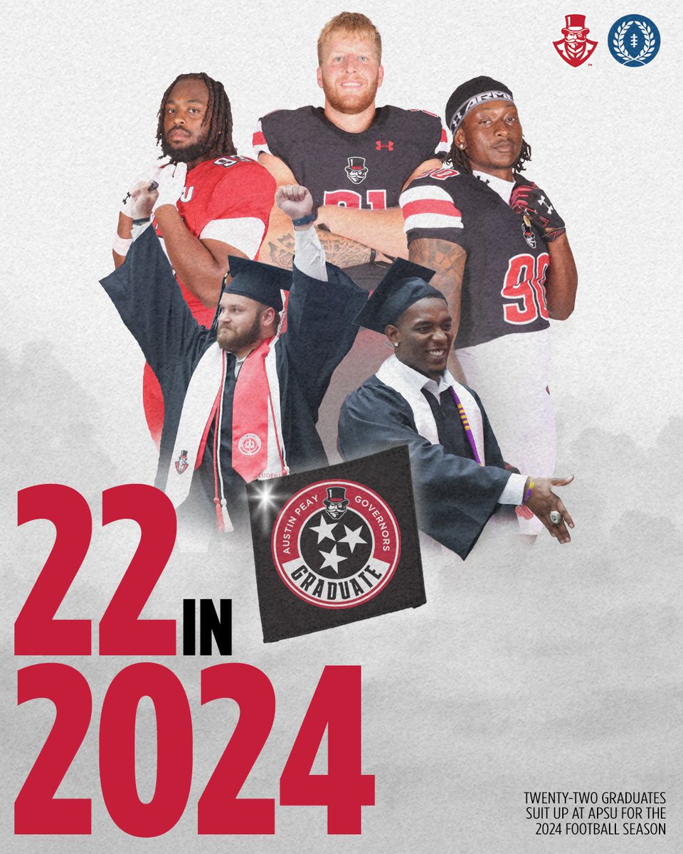 Austin Peay Football (@govsfb) on Twitter photo 𝟮𝟮 𝗚𝗥𝗔𝗗𝗨𝗔𝗧𝗘 𝗚𝗢𝗩𝗦 🎩🎓
Per the National Football Foundation & College Hall of Fame, Austin Peay's 22 graduate football student-athletes are tied for the fourth-most in the FCS this season!
<a href="/NFFNetwork/">National Football Foundation</a> | #LetsGoPeay 𝟮𝟮 𝗚𝗥𝗔𝗗𝗨𝗔𝗧𝗘 𝗚𝗢𝗩𝗦 🎩🎓
Per the National Football Foundation & College Hall of Fame, Austin Peay's 22 graduate football student-athletes are tied for the fourth-most in the FCS this season!
<a href="/NFFNetwork/">National Football Foundation</a> | #LetsGoPeay