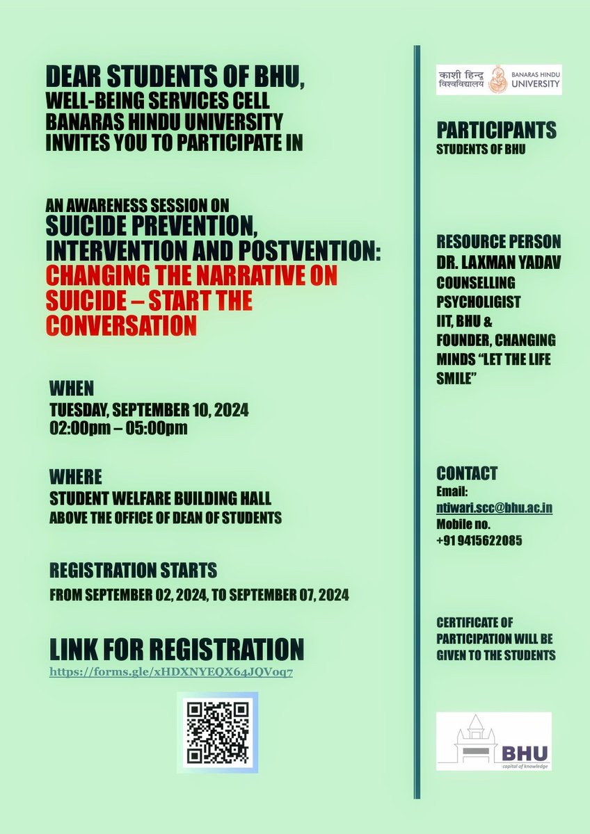 Well-being Services Cell B.H.U. (@wellbeing_bhu) on Twitter photo Well-being Services Cell, BHU is organizing an Awareness Program on Suicide Prevention."Changing the Narrative on Suicide - Start the Conversation" on 10 Sept. Join us for an informative and interactive session. <a href="/VCofficeBHU/">VC-BHU</a>
<a href="/registrarbhu/">REGISTRAR, BHU</a> <a href="/dsw_bhu/">Dean of Students, BHU</a>
forms.gle/xHDXNYEQX64JQV… Well-being Services Cell, BHU is organizing an Awareness Program on Suicide Prevention."Changing the Narrative on Suicide - Start the Conversation" on 10 Sept. Join us for an informative and interactive session. <a href="/VCofficeBHU/">VC-BHU</a>
<a href="/registrarbhu/">REGISTRAR, BHU</a> <a href="/dsw_bhu/">Dean of Students, BHU</a>
forms.gle/xHDXNYEQX64JQV…