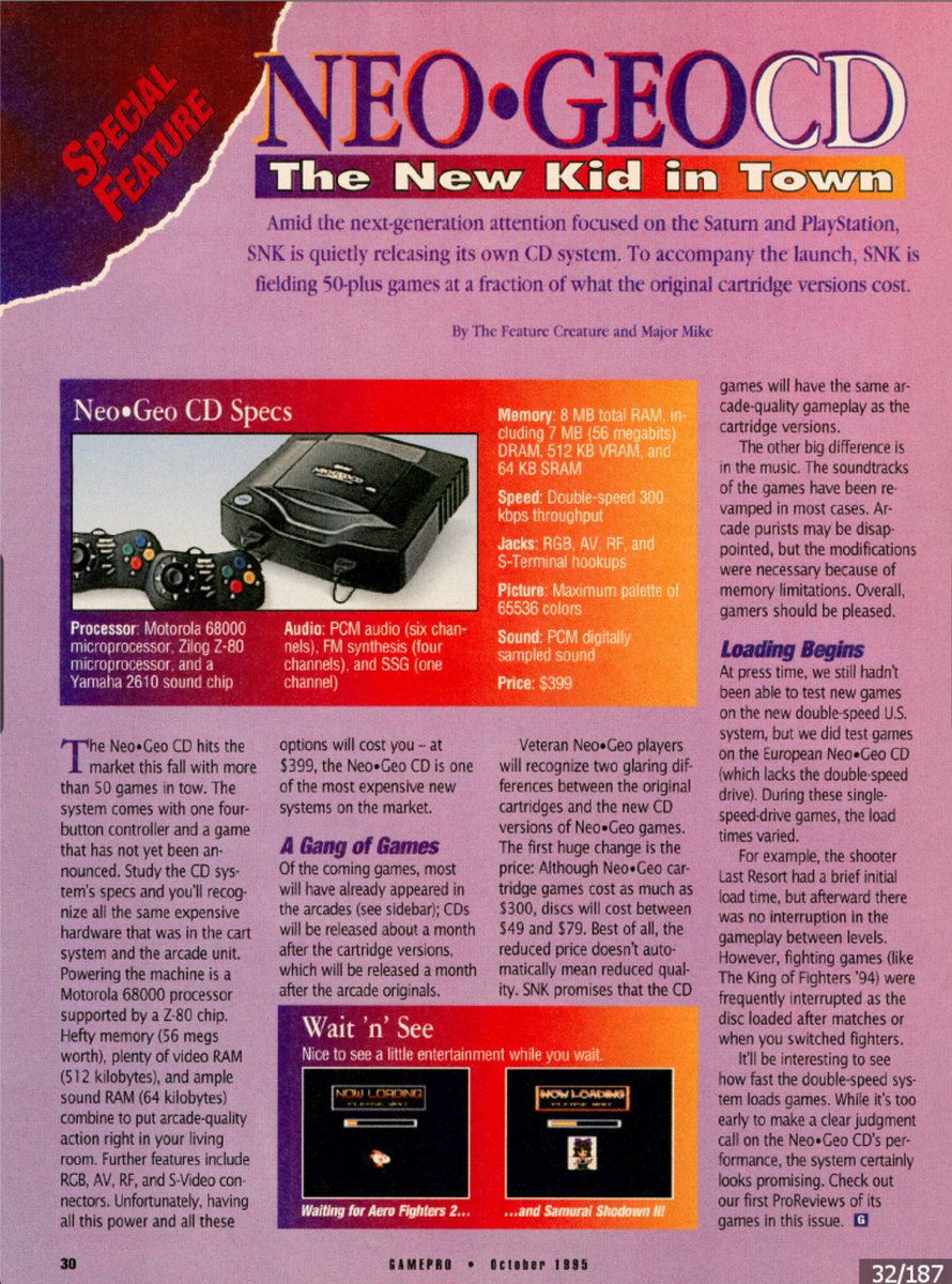 NeoGeoNow's tweet photo. In October 1995, Gamepro did an expose on the, then, upcoming NEO-GEO CD system, calling the system the "New Kid in town" while also revealing the 50 games that would would be available when the system launches. Check it out!
#retromag #SNK https://t.co/IYEbAJkt29