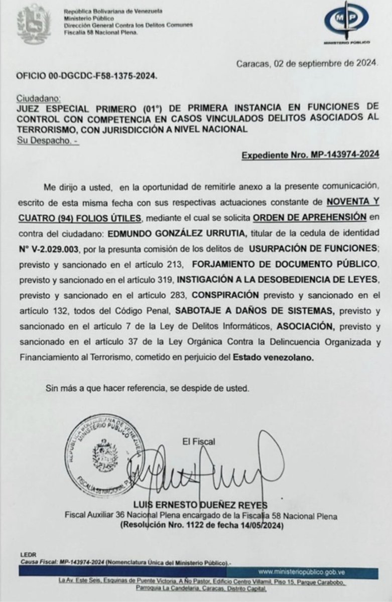 OrlvndoA's tweet photo. #ÚLTIMAHORA | La Fiscalía de Maduro pide una orden de captura contra el presidente electo Edmundo González Urrutia. https://t.co/q0LWdtWlHy