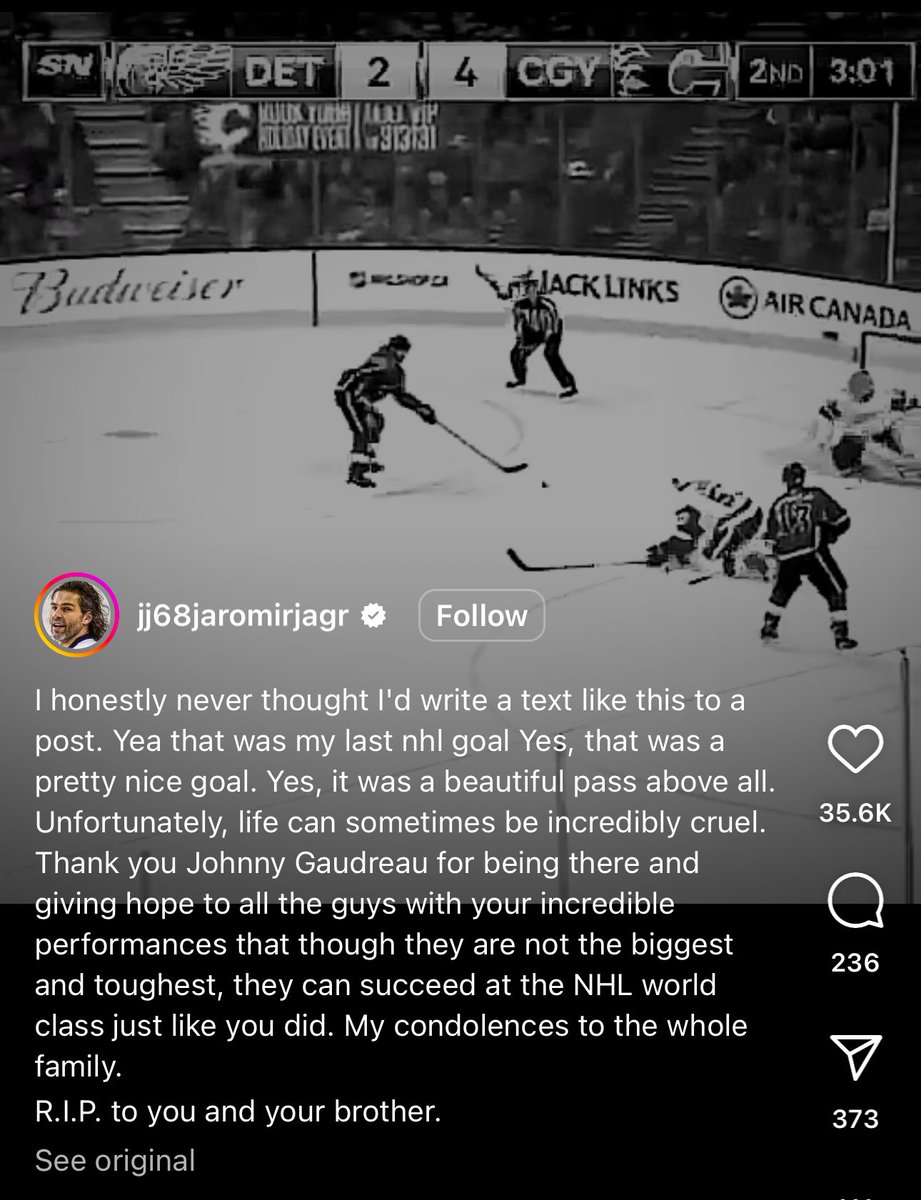 frank_seravalli's tweet photo. Johnny Gaudreau assisted on @68Jagr’s 766th and final #NHL goal, and today Jagr shared his condolences.

“Thank you for giving hope to all the guys with your incredible performances that though they are not the biggest and toughest, they can succeed at the NHL just like you did.” https://t.co/aULxIu6Wtt