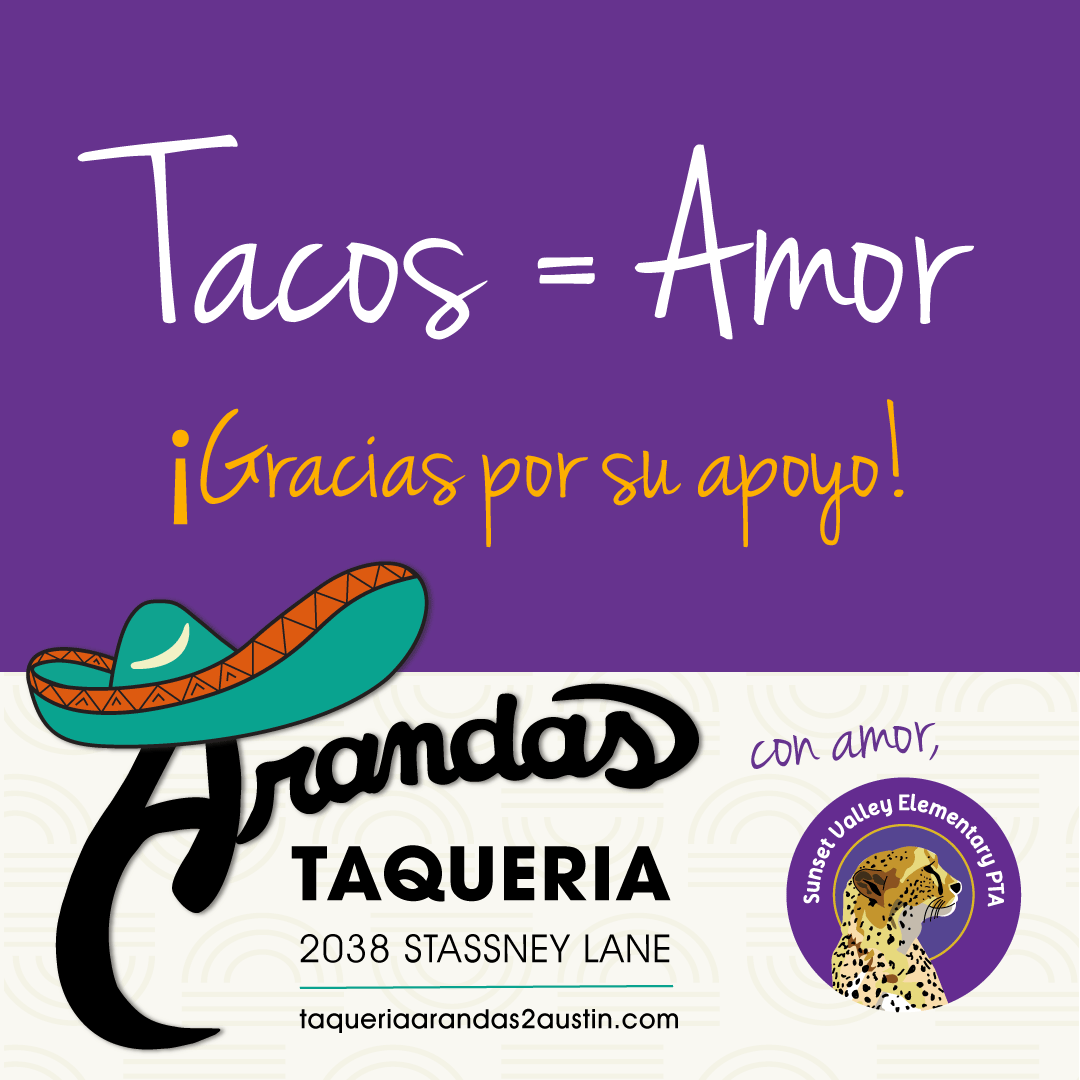 SunsetValleyPTA's tweet photo. Thanks to Arandas Taqueria on Stassney for the HUGE discount on tacos for our welcome-back Boo Hoo breakfast on the first day of school—super sweet people! https://t.co/edp5c2VDMH https://t.co/c7OvFqrKtv