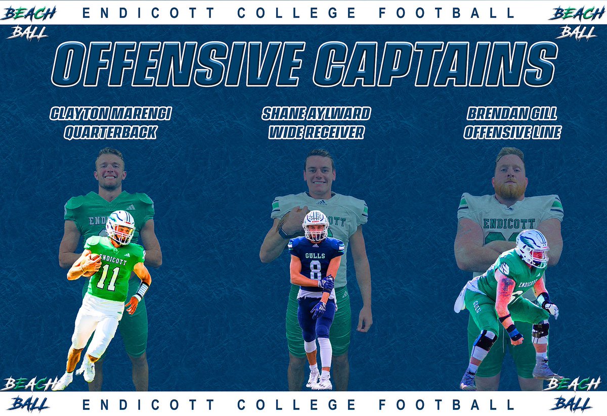 We are excited to announce the 2024 <a href="/EndicottFB/">Endicott College Football</a> Offensive Captains‼️ 
#BeachBall 🏈🐦🏖️#BeachVib24☀️🌊