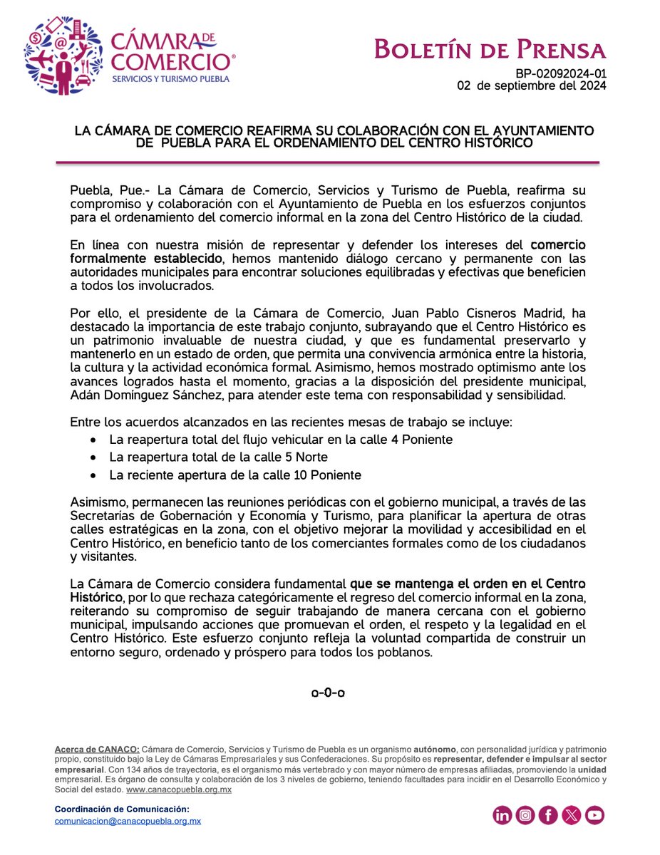 CANACO PUEBLA (@canacopuebla1) on Twitter photo La Cámara de Comercio reafirma su compromiso y colaboración con el <a href="/PueblaAyto/">Ayuntamiento de Puebla</a> en los esfuerzos conjuntos para el ordenamiento del comercio informal en la zona del Centro Histórico. Permanecen las reuniones a fin de planificar la apertura de otras calles en la zona, con el La Cámara de Comercio reafirma su compromiso y colaboración con el <a href="/PueblaAyto/">Ayuntamiento de Puebla</a> en los esfuerzos conjuntos para el ordenamiento del comercio informal en la zona del Centro Histórico. Permanecen las reuniones a fin de planificar la apertura de otras calles en la zona, con el