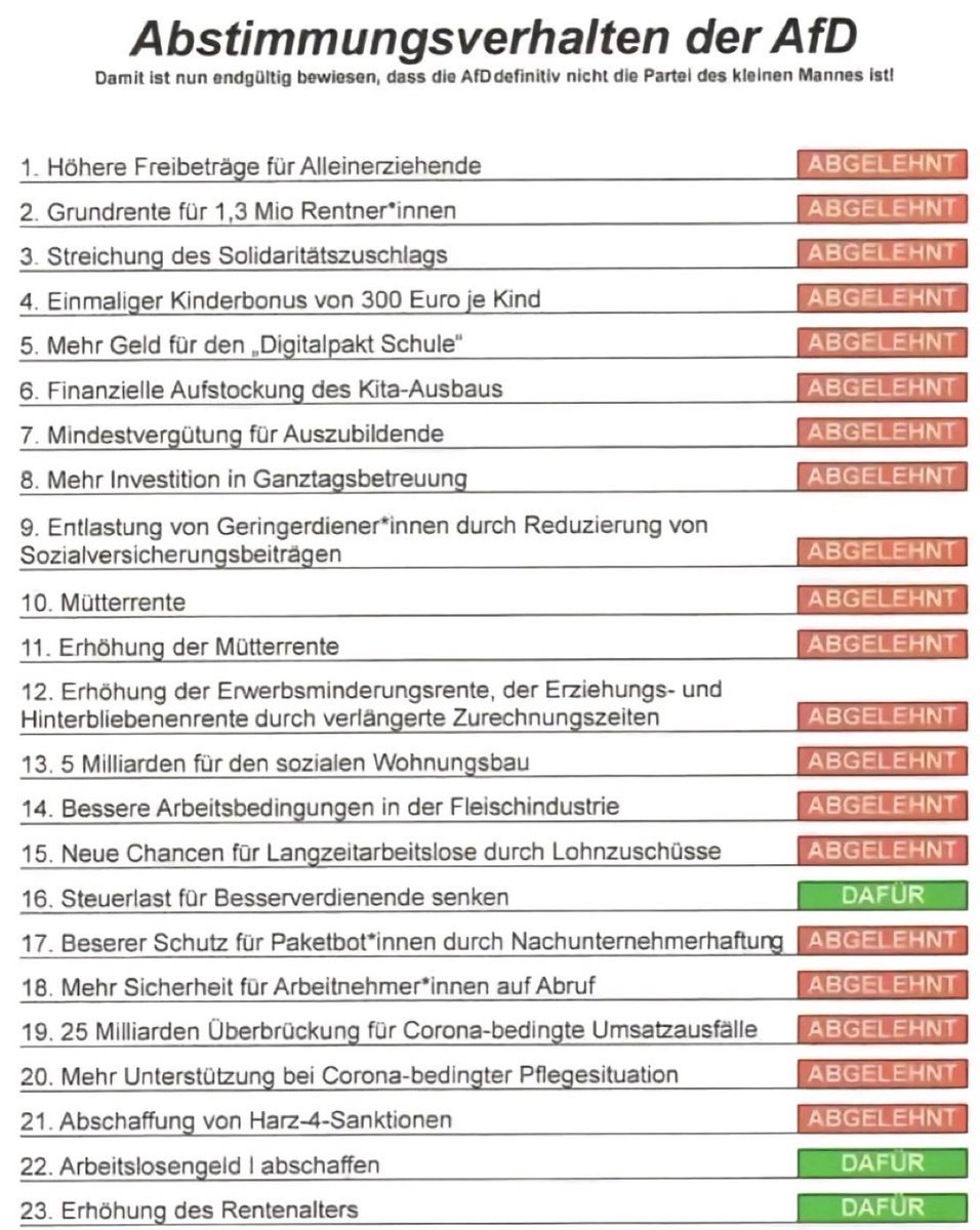 Dazu leugnet die AfD die Klimafakten &amp; betreibt so das Geschäft von Exxon &amp; Co., direkt mit deren Bauernfängerargumenten. Sie stellt sich so gegen die Menschen, gegen den Erhalt unserer Wälder und Küsten, gegen eine gute Zukunft für unsere Kinder &amp; Enkel.
Wer fällt darauf herein?