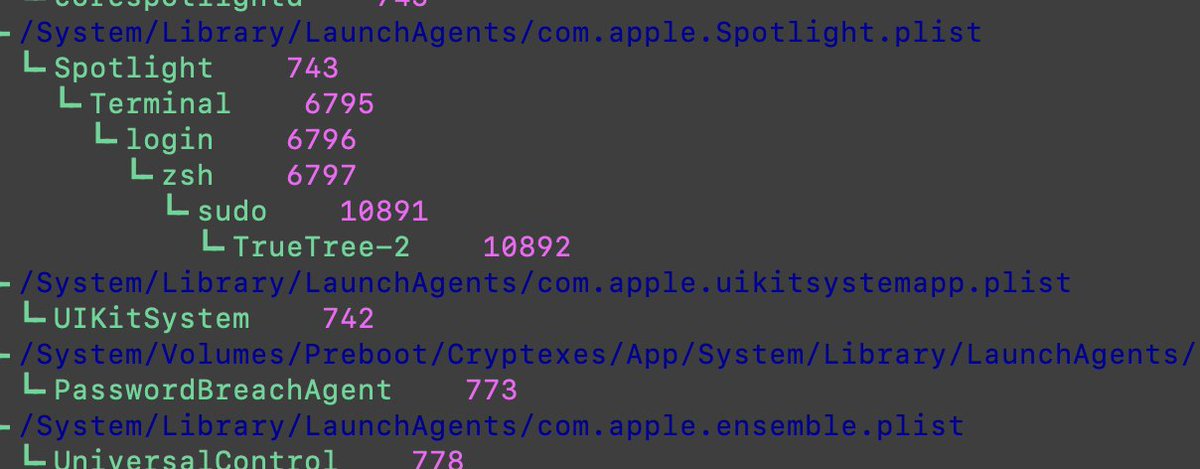 jbradley89's tweet image. TrueTree 0.8 is out. Its primary difference is that when displaying the tree , it will attempt to use other pids only if the parent process of that given process id is launchd. You also now have the ability to display only the process name with --nopath
github.com/themittenmac/T…