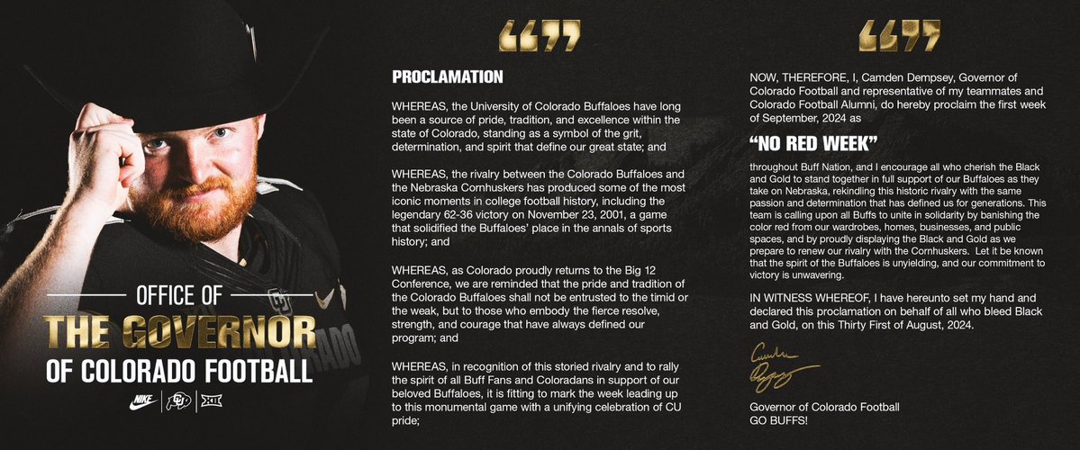 🚨Buff Nation you know what time it is! NO WEARING RED this week as we prepare for Nebraska - let’s celebrate the pride and tradition of our school, support our Buffs, and let’s go beat some Huskers! <a href="/CUBuffsFootball/">Colorado Buffaloes Football</a> <a href="/CUBuffs/">Colorado Buffaloes</a> <a href="/DeionSanders/">COACH PRIME</a> <a href="/DNVR_Buffs/">DNVR Buffs</a> <a href="/AlumniCClub/">Alumni C Club</a> <a href="/CUBarstool/">Barstool Colorado</a>