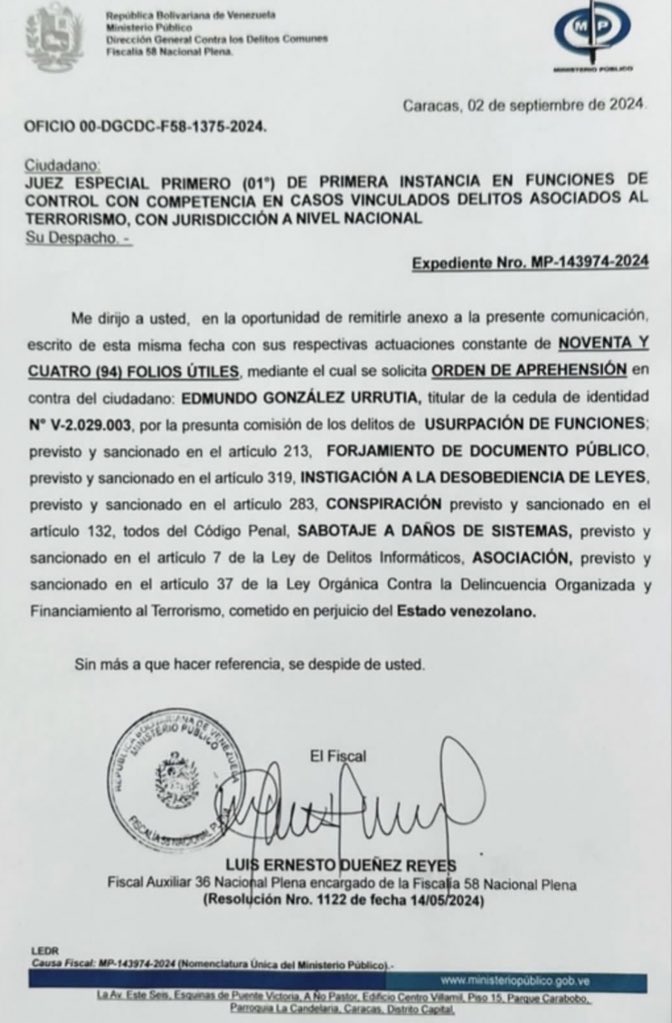 🫓 Maduro’s prosecutors request that a criminal court issue an arrest warrant against Edmundo González Urrutia for several crimes, including: sabotaging computer systems, instigation to disobey the law, and conspiring against the State.