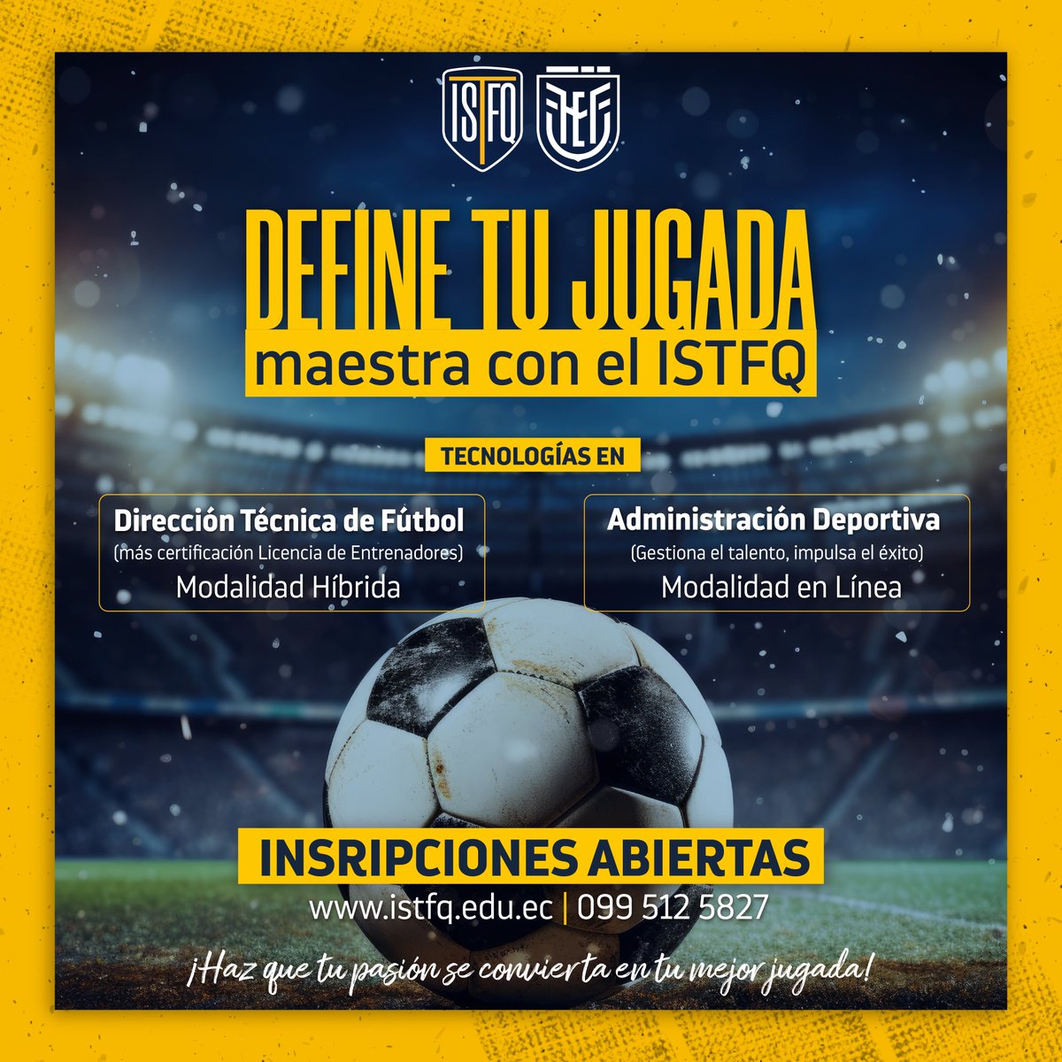 🚨El momento que los apasionados del fútbol esperaban ¡𝗜𝗡𝗦𝗖𝗥𝗜𝗣𝗖𝗜𝗢𝗡𝗘𝗦 𝗔𝗕𝗜𝗘𝗥𝗧𝗔𝗦!🎯Tu futuro en el fútbol está a una decisión de distancia. En el ISTFQ, formamos líderes dentro y fuera de la cancha.⚽⁣
⁣
🤩¿Te imaginas dirigiendo un equipo o llevando el fútbol