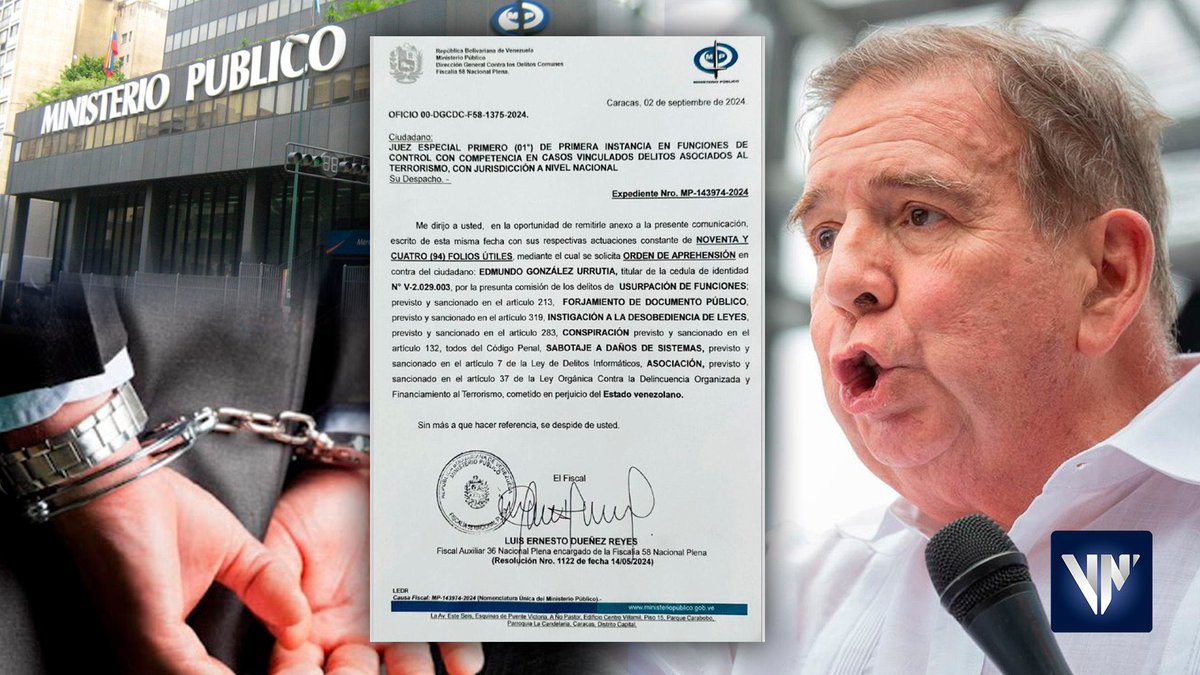 PedroKonductaz's tweet photo. Fiscalía venezolana solicita orden de aprensión contra Edmundo González por estos 6 delitos https://t.co/MyPxgeMZ5A vía @VNVenezuelanews https://t.co/Vw1AhtHUYF