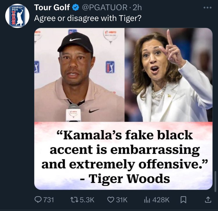 Fake golf news account with a paid for checkmark makes up fake quote from Tiger Woods. Elon working hard to make sure nothing on Twitter can be taken seriously.