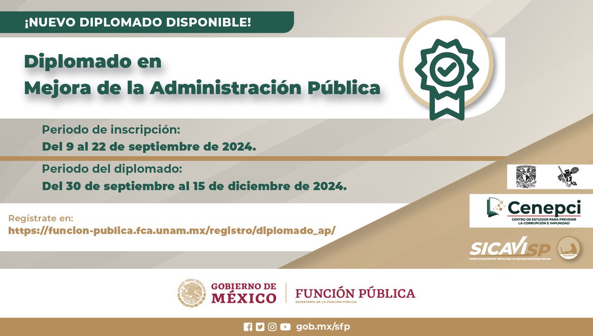 BuenGobierno_mx's tweet image. Inscripciones abiertas para el Diplomado en Mejora de la Administración Pública.🧑🏽‍💻👩🏽‍💻

✅ Desarrolla #actitudes, #habilidades y #conocimientos clave para desempeñar tu labor de manera #eficiente y #eficaz.

🔗 Regístrate aquí: funcion-publica.fca.unam.mx/registro/diplo…