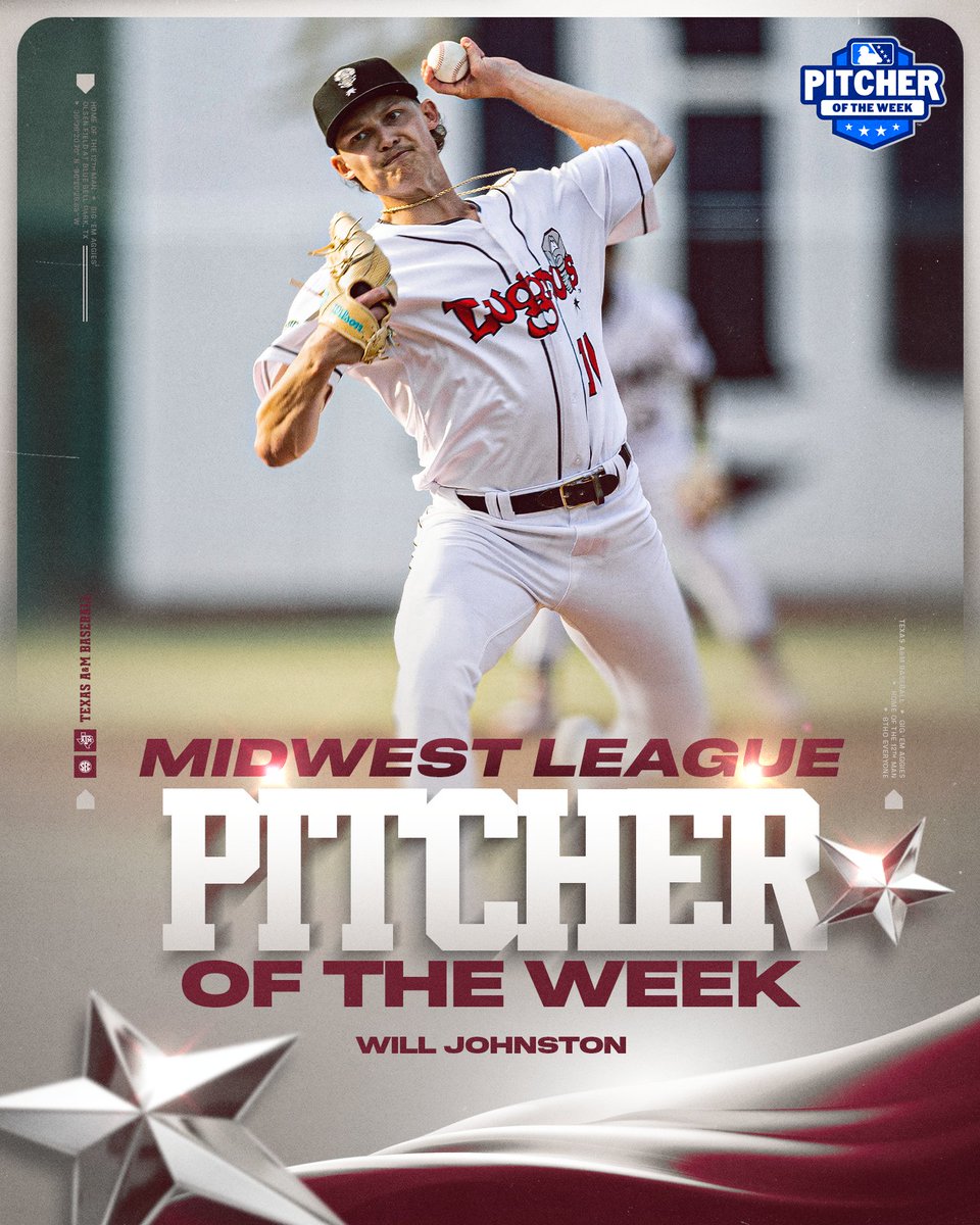 Texas A&M Baseball (@aggiebaseball) on Twitter photo A dominant performance lands <a href="/wbj1212/">Will Johnston</a> Midwest League Pitcher of the Week honors!
#GigEm A dominant performance lands <a href="/wbj1212/">Will Johnston</a> Midwest League Pitcher of the Week honors!
#GigEm