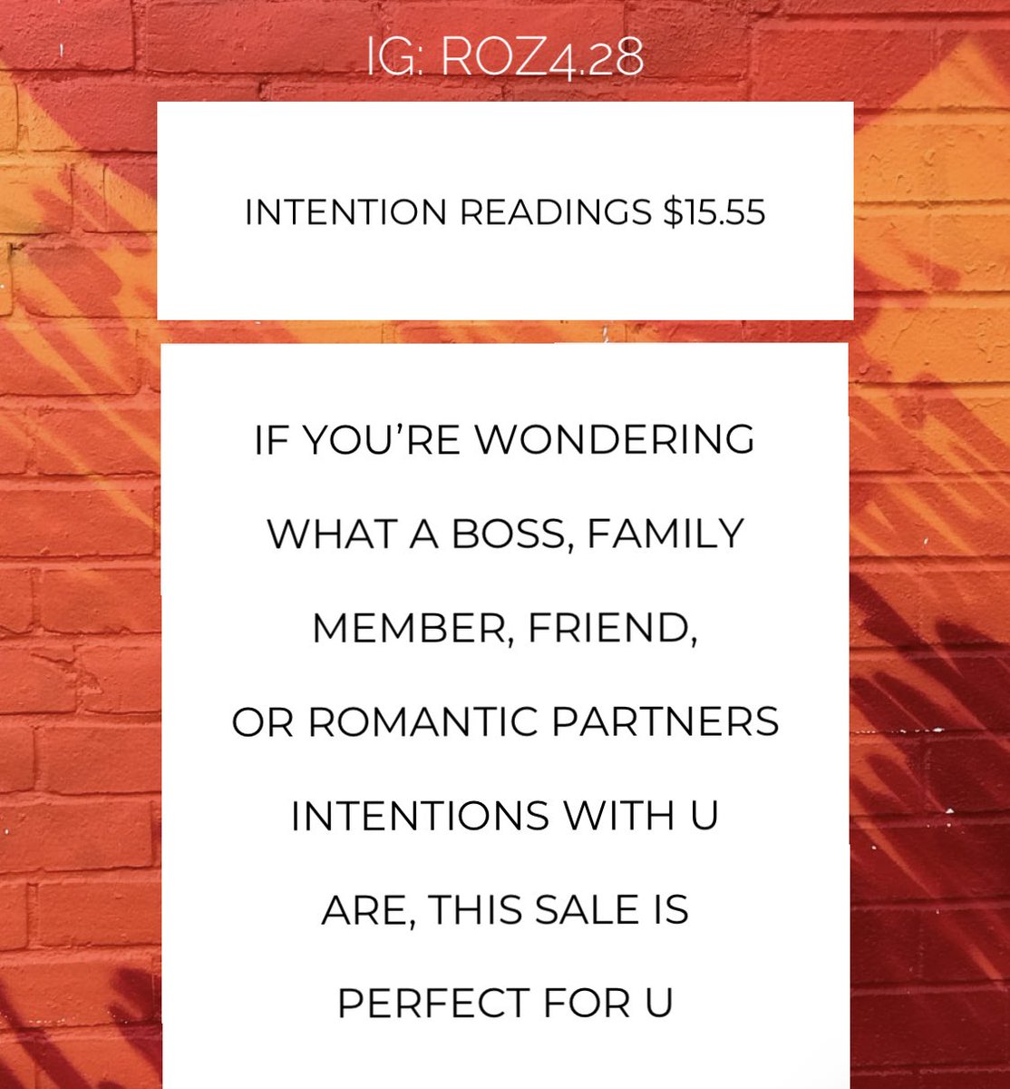 #intentionreadings on sale for the next 10 days! Dm to book if u want to know someone’s intentions with u!🔮

#tarotreaderreviews in my highlights on IG:roz4.28 ⭐️⭐️⭐️⭐️⭐️

#samedayreadings #tarotreadingsale #tarotreadingsonline