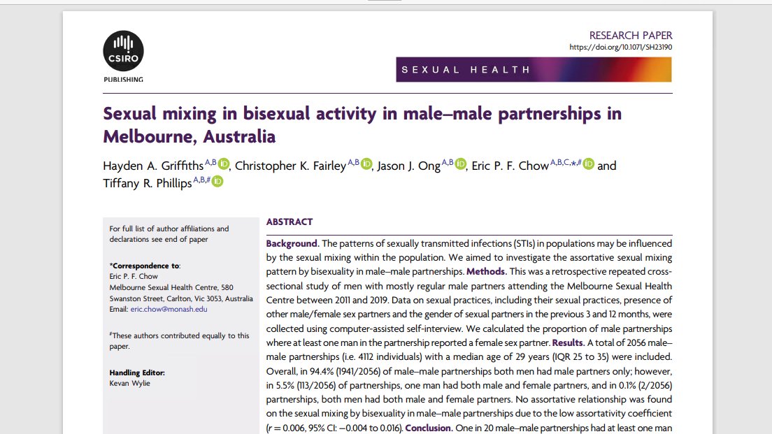 MSHC Research (@mshcresearch) on Twitter photo New paper out from student Hayden Griffiths in <a href="/sexualhealthj/">Sexual Health</a> exploring sexual mixing in bisexual activity in male–male partnerships in Melbourne, Australia: publish.csiro.au/SH/SH23190
@SHSOV <a href="/MonashResearch/">Monash Research</a> <a href="/Monash_FMNHS/">Monash Medicine, Nursing and Health Sciences</a> <a href="/MonashSTM/">Translational Medicine at Monash University</a> <a href="/unimelbMSPGH/">Melbourne School of Population and Global Health</a> New paper out from student Hayden Griffiths in <a href="/sexualhealthj/">Sexual Health</a> exploring sexual mixing in bisexual activity in male–male partnerships in Melbourne, Australia: publish.csiro.au/SH/SH23190
@SHSOV <a href="/MonashResearch/">Monash Research</a> <a href="/Monash_FMNHS/">Monash Medicine, Nursing and Health Sciences</a> <a href="/MonashSTM/">Translational Medicine at Monash University</a> <a href="/unimelbMSPGH/">Melbourne School of Population and Global Health</a>