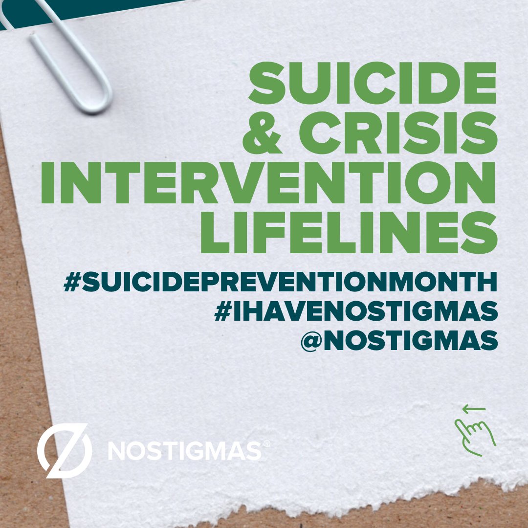 NoStigmas's tweet photo. September is Suicide Prevention Month. If you need help, or know someone that does, swipe through these must have numbers to find the one that best suits the situation. 

We're all in this together and together, we can make a difference. 

#suicidepreventionmonth #mentalheallth https://t.co/kVOC0ng3x3