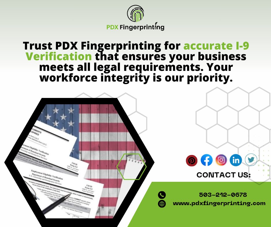 pdxfingerprint's tweet image. PDX Fingerprinting is thrilled to offer I-9 verification services in Beaverton, ensuring your team is in line with legal requirements.

#I9Verification #ComplianceMatters #PDXFingerprinting #WorkforceIntegrity #LegalCompliance #ExpertiseYouCanTrust