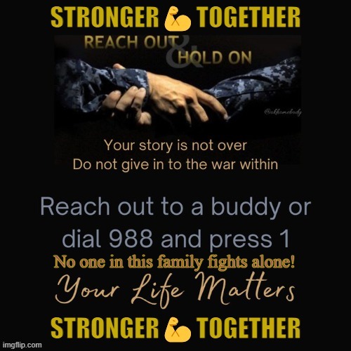 <a href="/okhomebody/">okhomebody</a> <a href="/jackiek866/">Jackie King</a> <a href="/hrt6017/">hrt48</a> <a href="/bstovalljr/">Thomas B Stovall Jr🇺🇸⛷</a> <a href="/JeffBerk3/">real_Jeff Berk ❌ MAGA #TrumpWon</a> @MimiE0417 <a href="/GasPasser12/">Gas Passer</a> <a href="/andy_finnigan/">Andy</a> <a href="/JeffGodman1/">Jeff Godman</a> <a href="/stlhd4/">stlhd</a> <a href="/SteveSample22/">Steve Sample</a> <a href="/mikefit32187936/">COL Mike</a> 🇺🇸 STRONGER💪TOGETHER 🇺🇸
🇺🇸Help us to reach more Veterans🇺🇸
🇺🇸Please "Repost" ALL #BuddyChecks 🙏🇺🇸
🇺🇸
🇺🇸 #BuddyChecksMatter 🇺🇸
Always reach out first. Together we can #turn22to0
&amp; we will #EndVeteranSuicide 💪🇺🇸
🇺🇸
🇺🇸🟢TY Charyl for #Buddy ✅👊🇺🇸