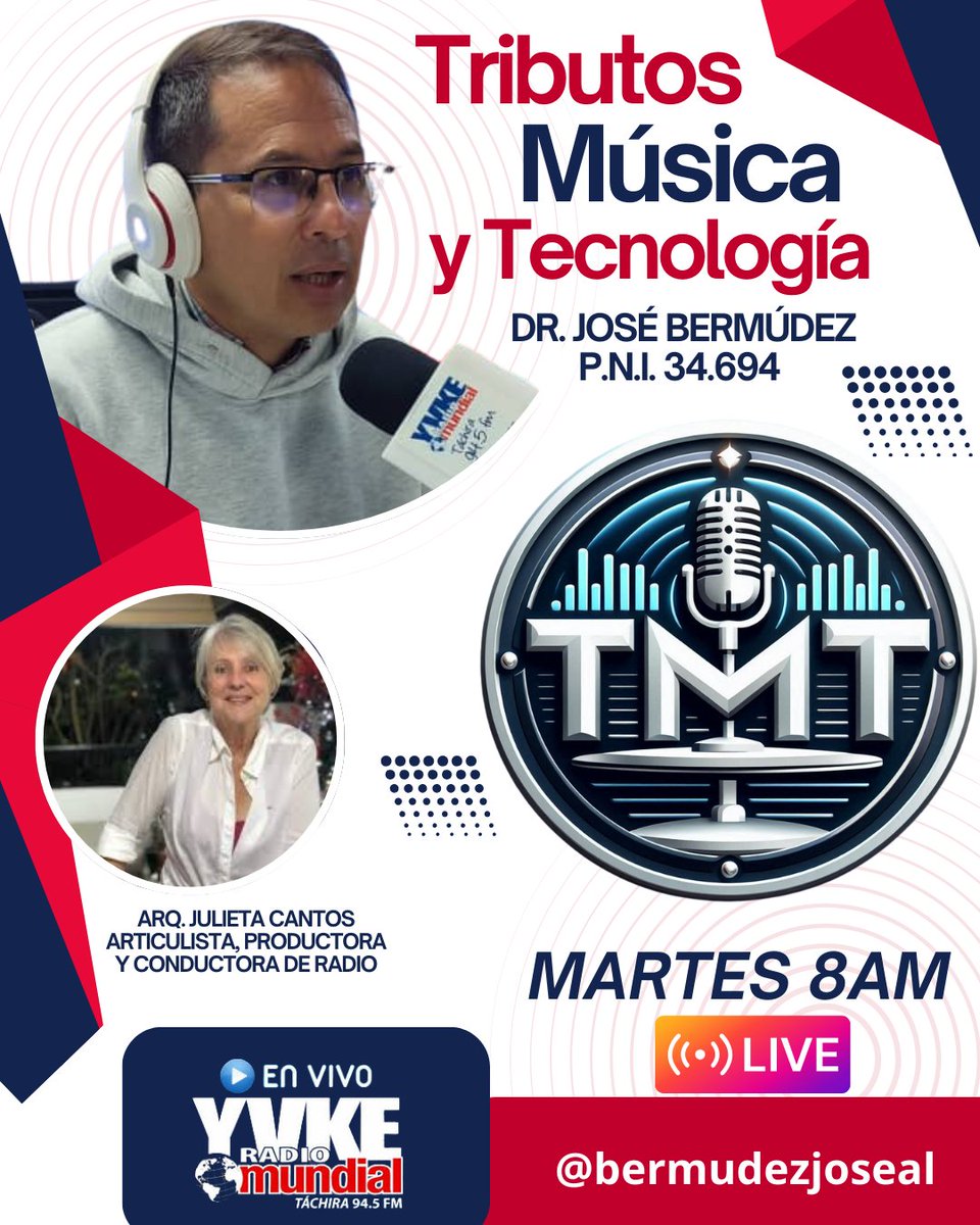 #Martes #3sep Los esperamos en TMT Tributos, Música y Tecnología por la 94.5 FM <a href="/YvkeTachira/">Yvke Tachira</a> a partir de las 8am, tendremos como invitada a la Arq. Julieta Cantos, articulista, productora y conductora radial para hablar de estos interesantes tópicos  ¡Los Esperamos!
<a href="/FreddyBernal/">Freddy Bernal</a>